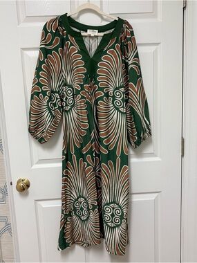 Umgee Green, Brown & Cream Printed Long Sleeve Midi Dress